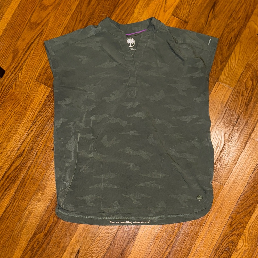 Woman’s Healing Hands Brand Scrub Top Green Camo